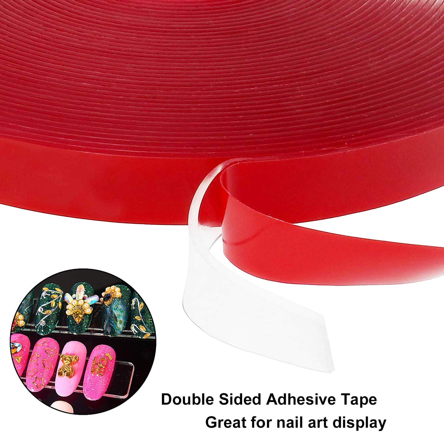 Double-Sided Tape,10m Nail Art Adhesive Double Sided Tape Red Film Clear Tape for Nail Display Lens Manicure Tool.