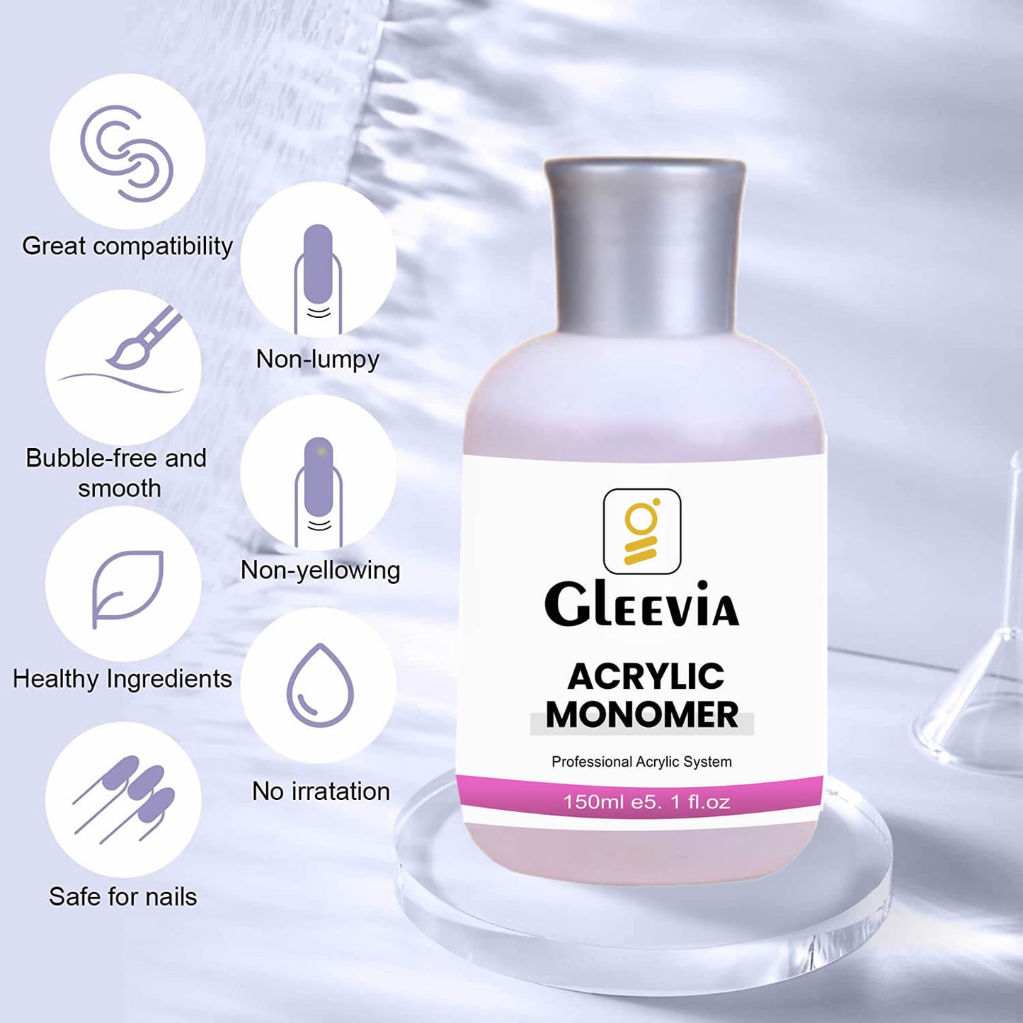 Gleevia Monomer Acrylic Nail Liquid - Professional Monomer Combo - 150ml Acrylic Monomer Liquid for Acrylic Powder, Acrylic Nail Extension 3D Nail Art - MMA Free, Non-Yellowing, Medium Drying