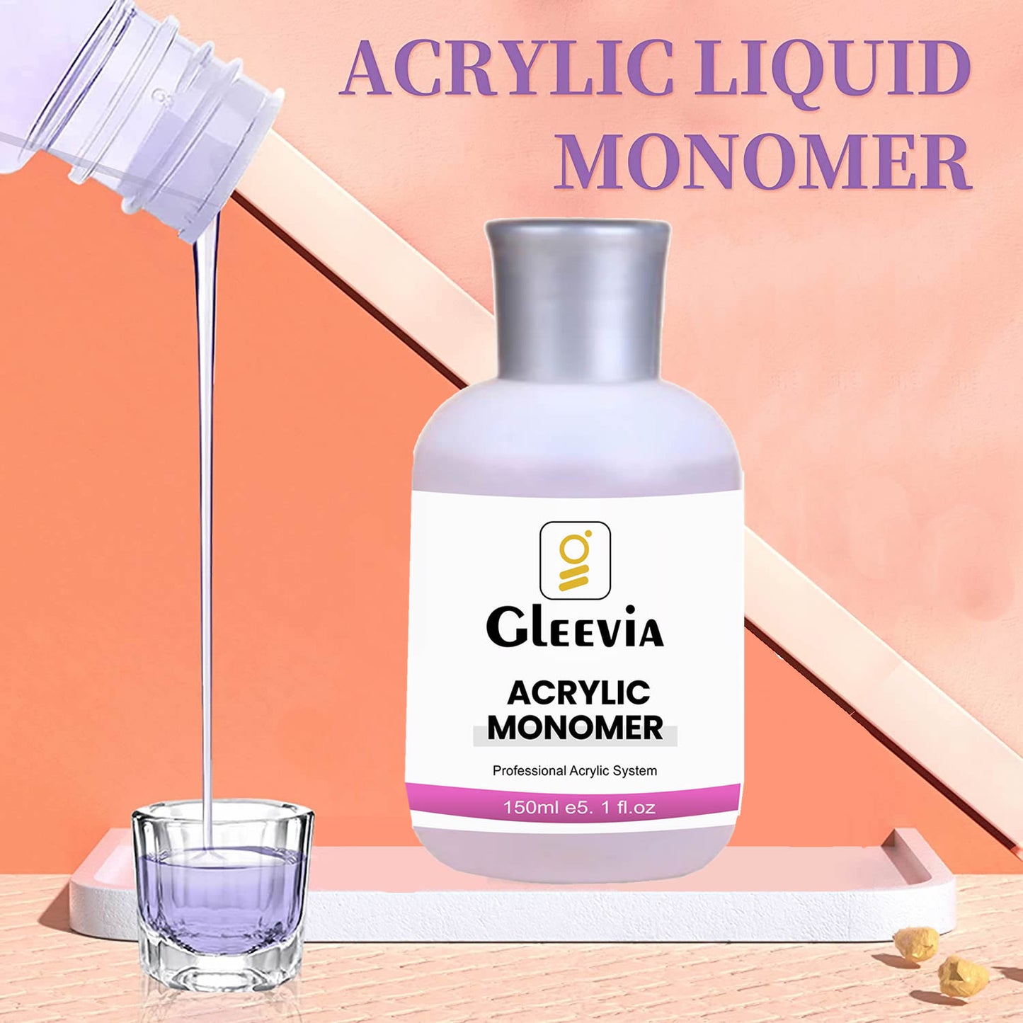 Gleevia Monomer Acrylic Nail Liquid - Professional Monomer Combo - 150ml Acrylic Monomer Liquid for Acrylic Powder, Acrylic Nail Extension 3D Nail Art - MMA Free, Non-Yellowing, Medium Drying