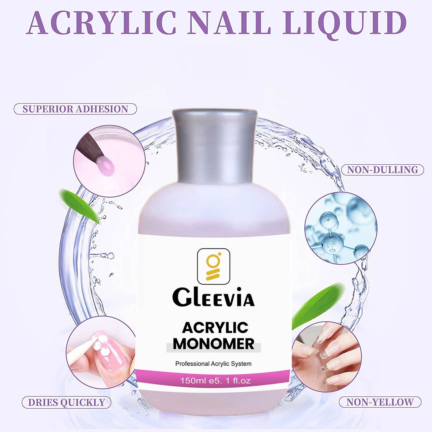 Gleevia Monomer Acrylic Nail Liquid - Professional Monomer Combo - 150ml Acrylic Monomer Liquid for Acrylic Powder, Acrylic Nail Extension 3D Nail Art - MMA Free, Non-Yellowing, Medium Drying