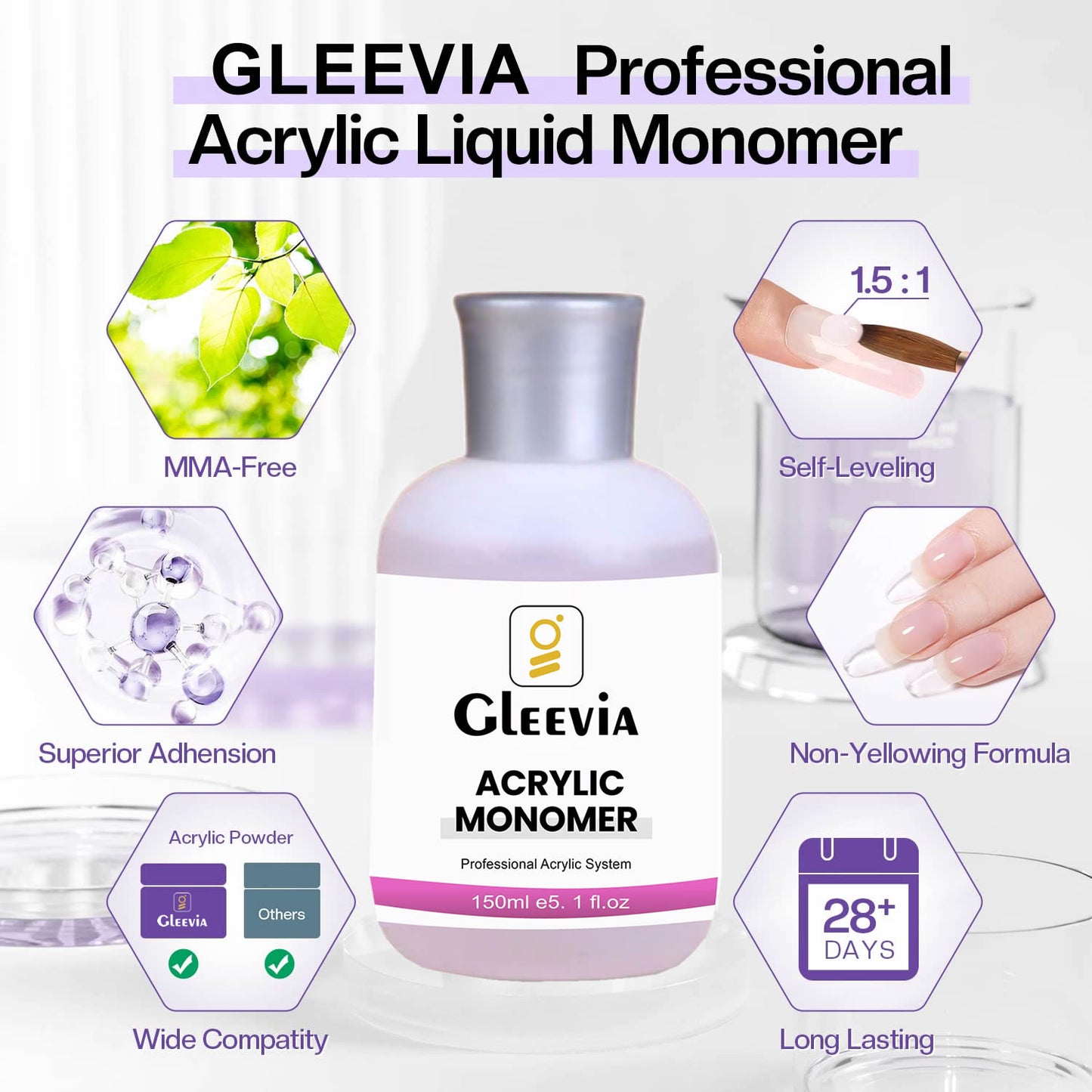 Gleevia Monomer Acrylic Nail Liquid - Professional Monomer Combo - 150ml Acrylic Monomer Liquid for Acrylic Powder, Acrylic Nail Extension 3D Nail Art - MMA Free, Non-Yellowing, Medium Drying