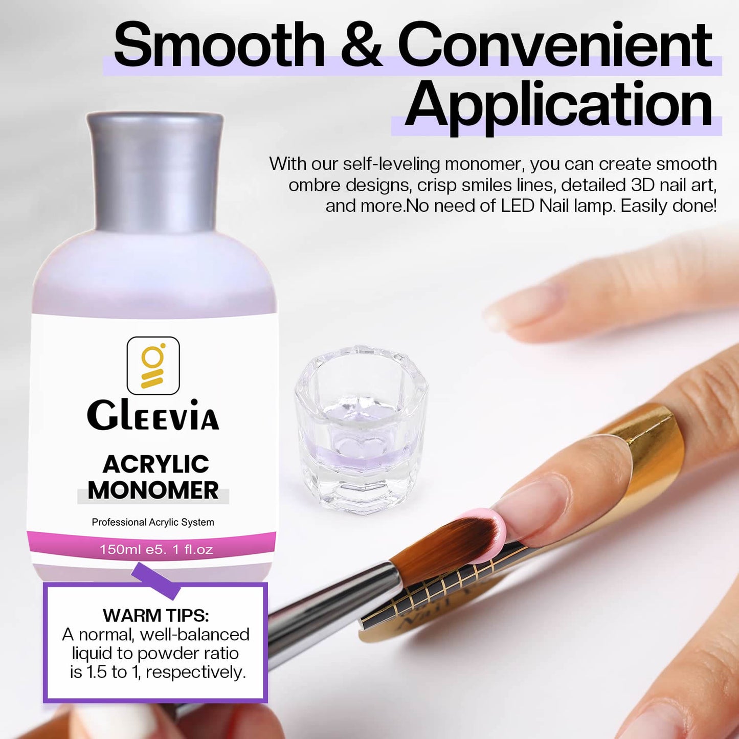 Gleevia Monomer Acrylic Nail Liquid - Professional Monomer Combo - 150ml Acrylic Monomer Liquid for Acrylic Powder, Acrylic Nail Extension 3D Nail Art - MMA Free, Non-Yellowing, Medium Drying