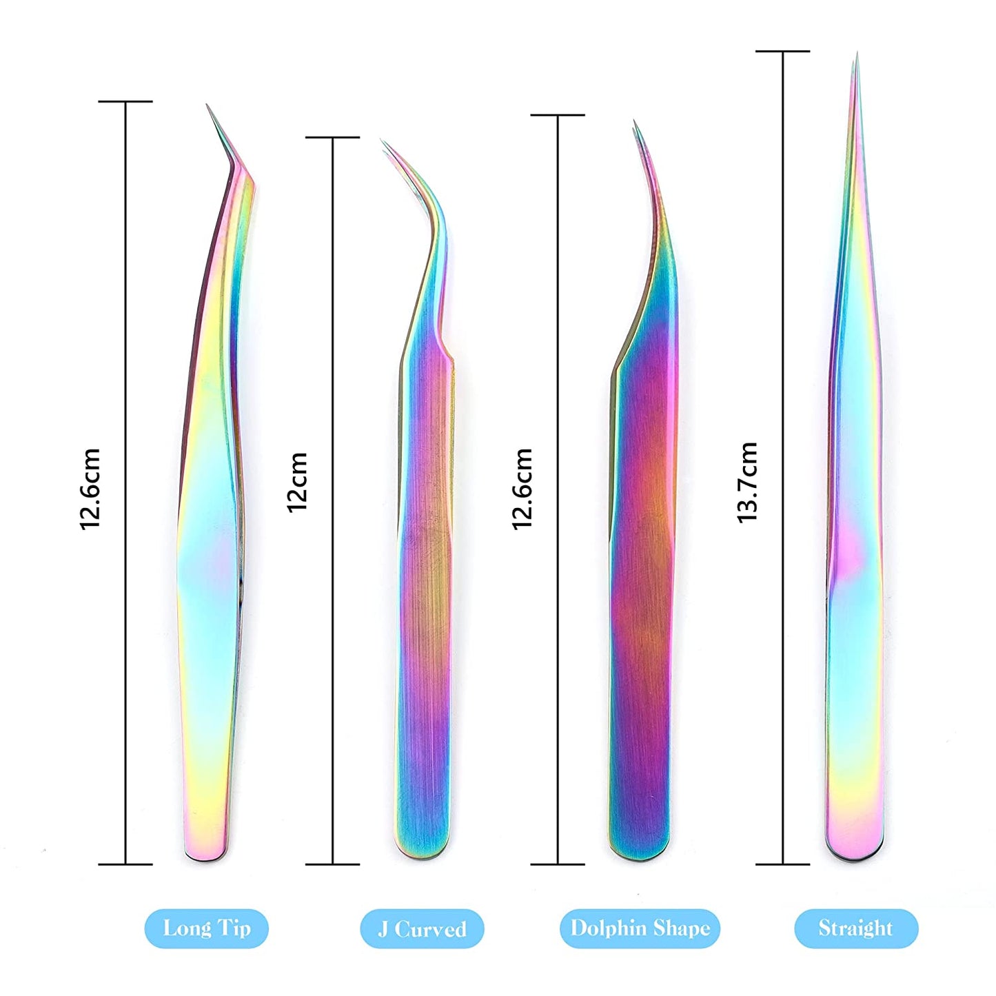 Gleevia Eyelash Tweezers 4in1 Set | Stainless Steel Rainbow Tweezers Set