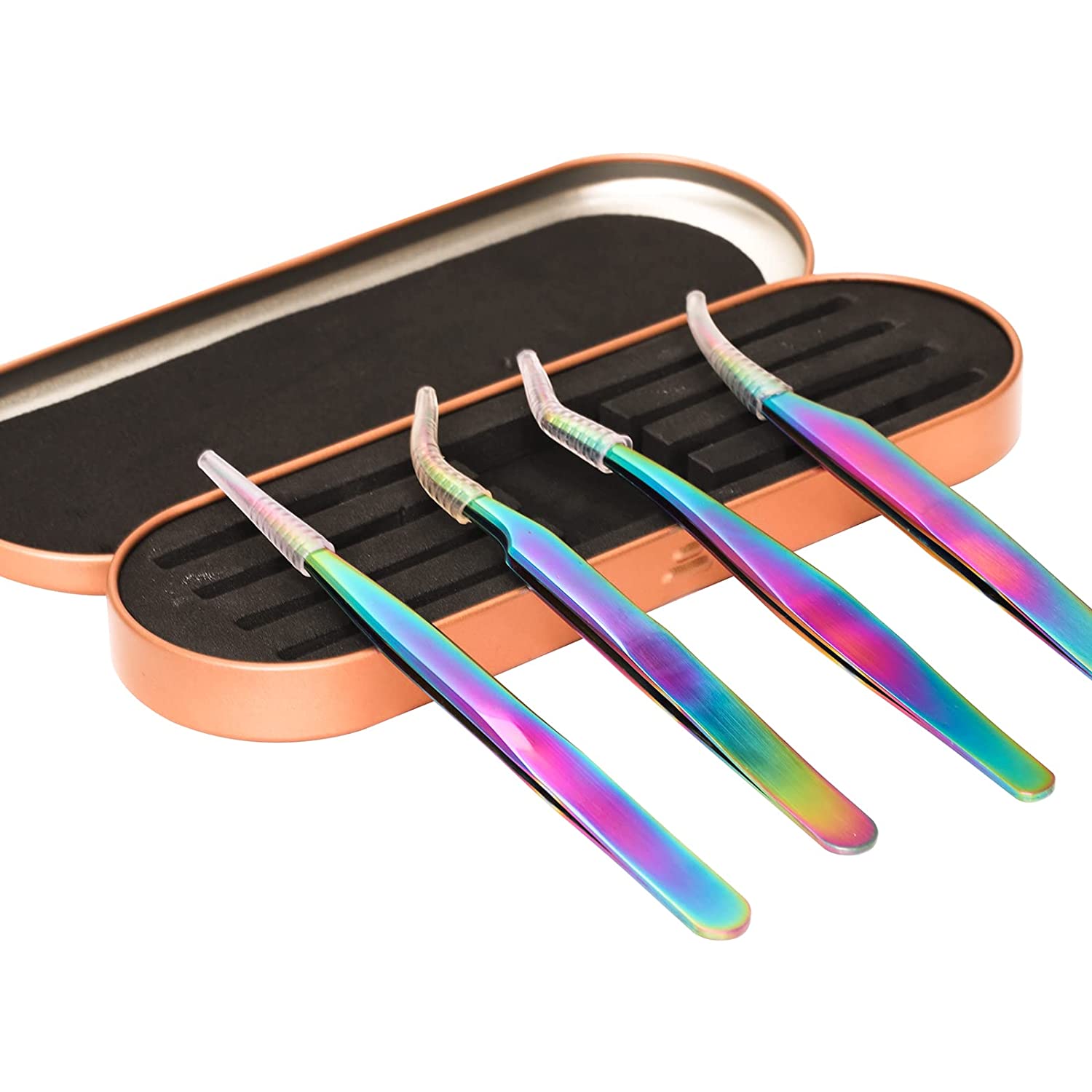 Gleevia Eyelash Tweezers 4in1 Set | Stainless Steel Rainbow Tweezers Set