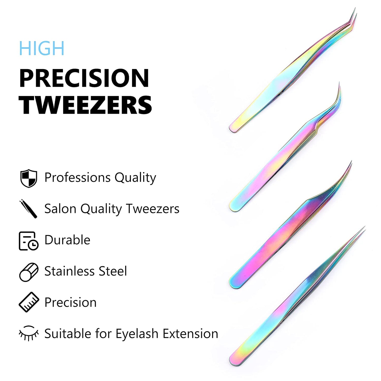 Gleevia Eyelash Tweezers 4in1 Set | Stainless Steel Rainbow Tweezers Set