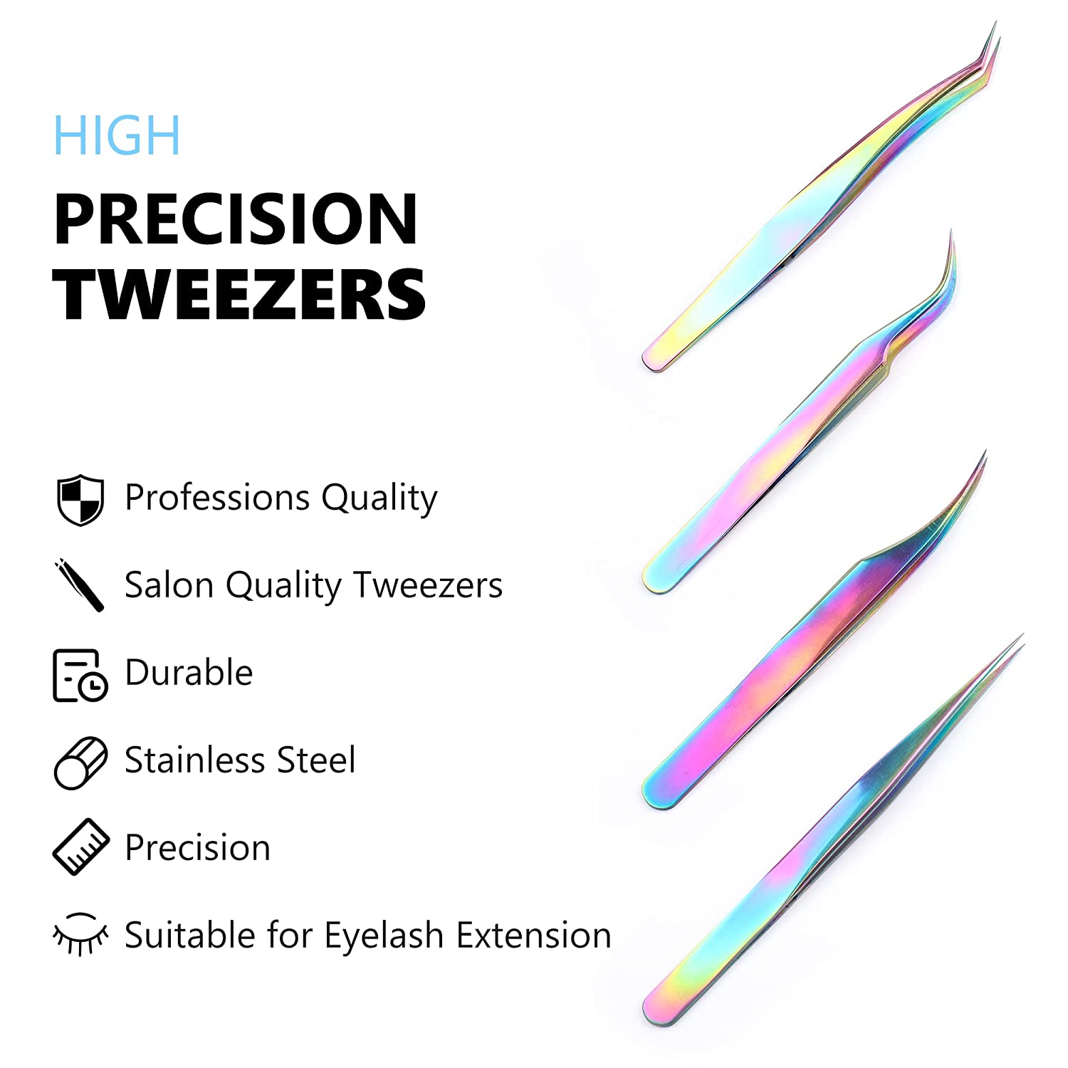 Gleevia Eyelash Tweezers 4in1 Set | Stainless Steel Rainbow Tweezers Set