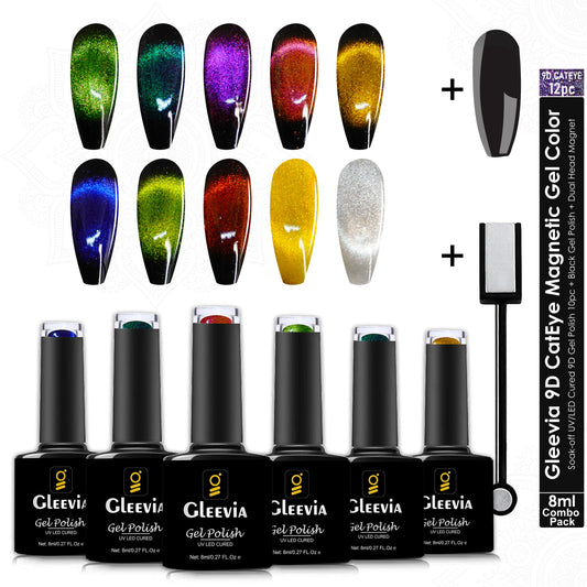 Gleevia 9D CatEye UV Gel Polish | Magnetic 9D Gel Nail Polish for Professionals 10pc Combo Pack 8ml/each with Dual Head Magnet and Black Color UV Gel Polish 8ml