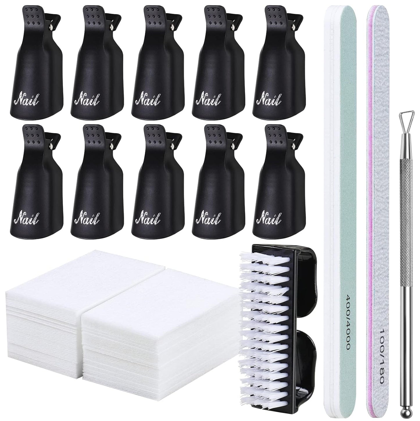 Gleevia Nail Gel Remover Tools Kit with Nail Remover Clips, Nail Remover Pads, Nail Brushes, Nail File Buffer, Cuticle Peeler