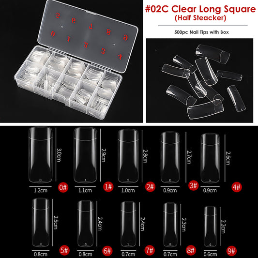 Artificial Unbreakable Clear Long Square Nail Tips Finger Nail Extension 500pc/Box Half Sticker