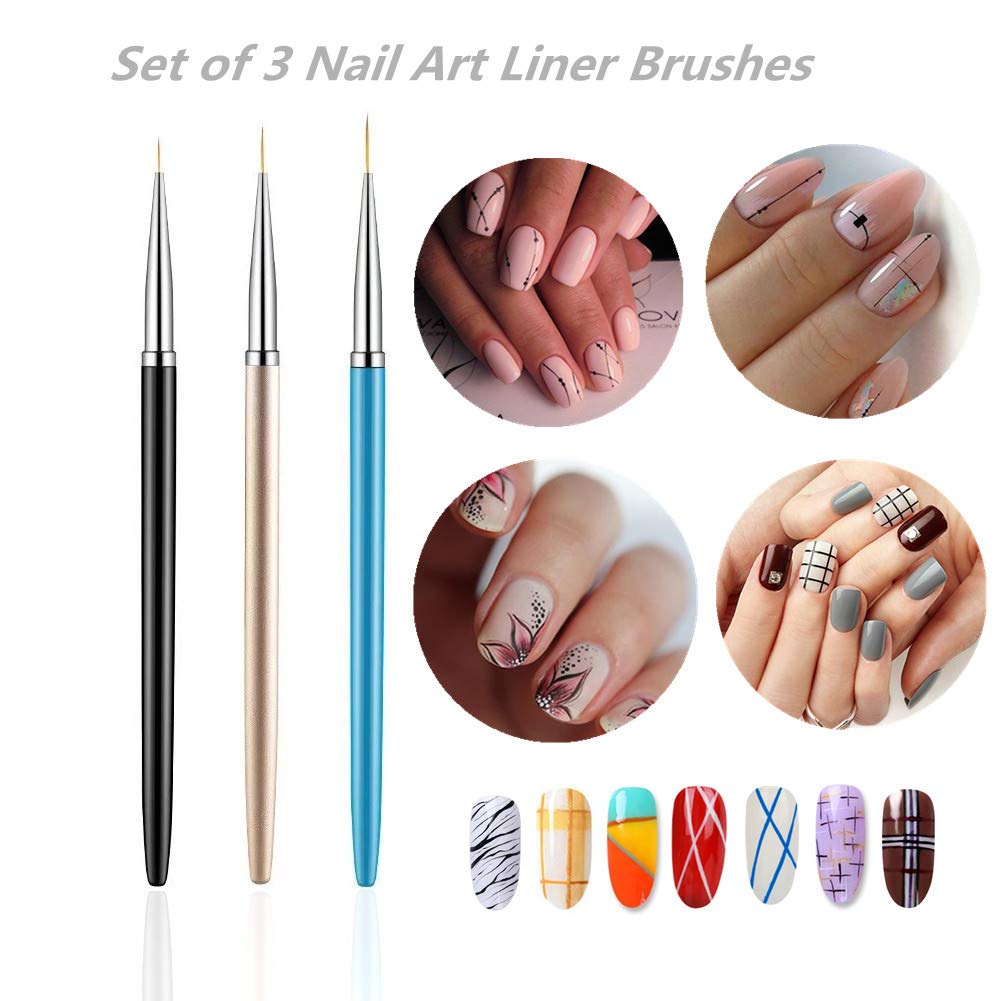 Gleevia 3PCS Nail Art Liner Brushes, UV Gel Painting Acrylic Nail Design Nylon Brush, Nail Painting Drawing Pens( 3in1 set )
