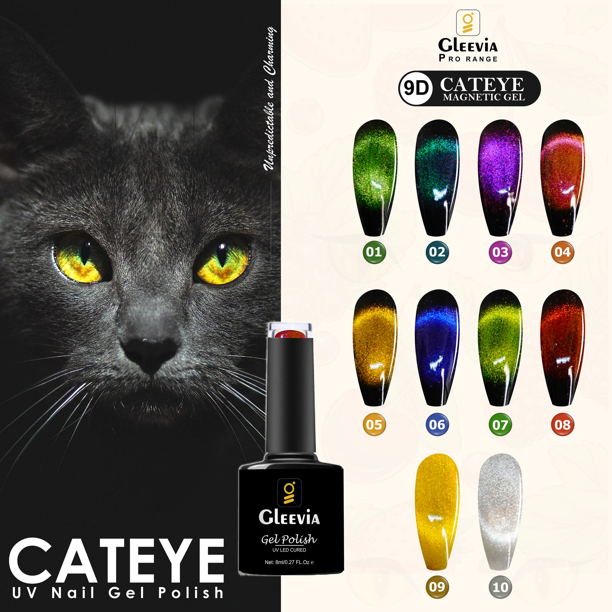 Gleevia 9D CatEye UV Gel Polish | Magnetic 9D Gel Nail Polish for Professionals 10pc Combo Pack 8ml/each with Dual Head Magnet and Black Color UV Gel Polish 8ml