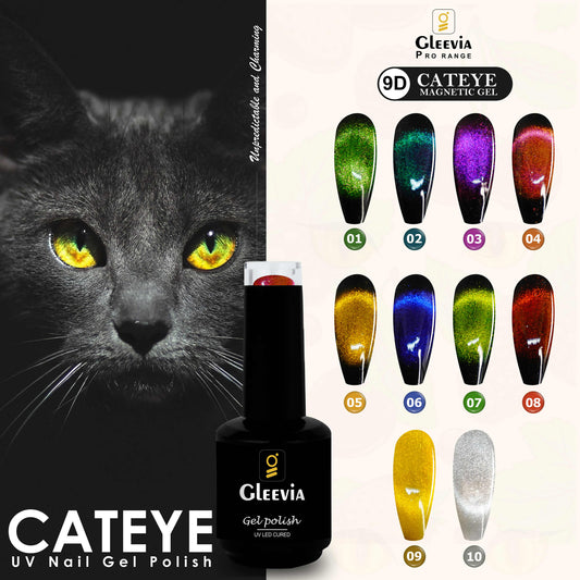 9D CatEye UV Gel Polish | Magnetic 9D Gel Nail Polish for Professionals 10pc Combo Pack 15ml/each with Dual Head Magnet and Black Color UV Gel Polish 15ml