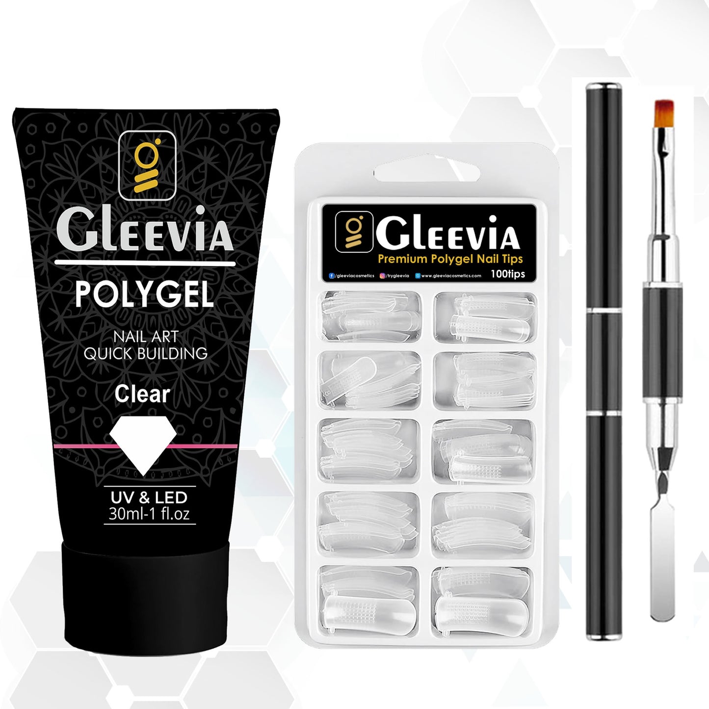 Gleevia PolyGel Nail Art Quick Building 30ml Pack - Quick Nail Extension Gel Clear (Combo Pack)