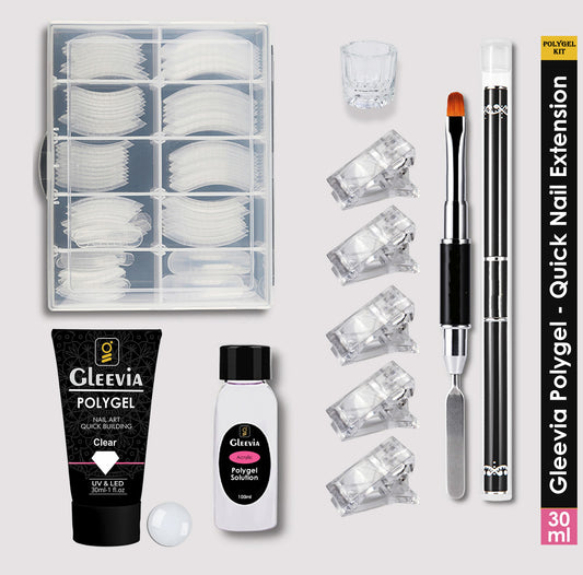 Gleevia PolyGel Nail Art Quick Building 30ml Pack - Quick Nail Extension Gel Clear (Combo Kit)