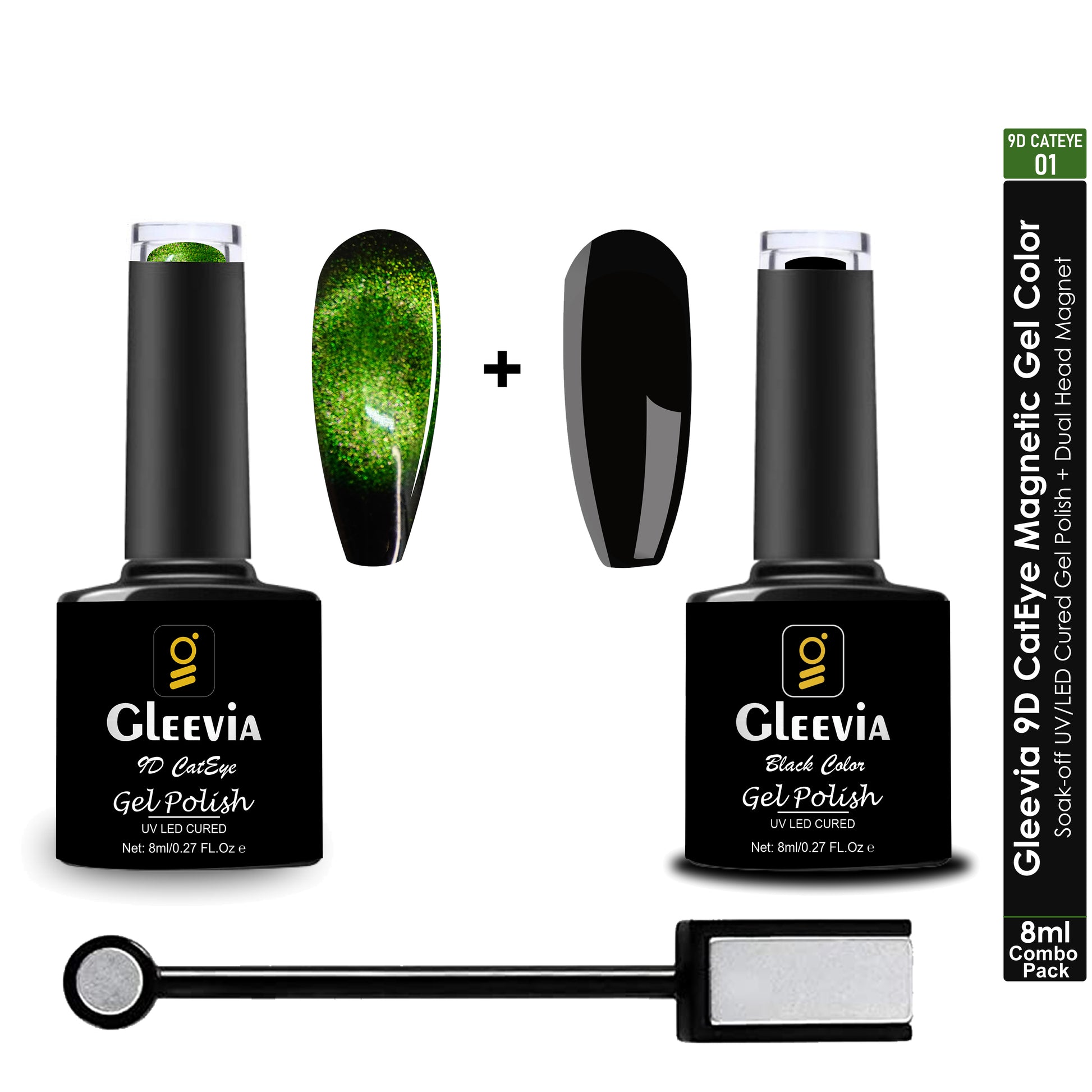 Gleevia 9D CatEye UV Gel Polish | Magnetic 9D Gel Nail Polish for Professionals | Combo Pack of 9D Cateye, Dual Head Magnet and UV Gel Black Color 8ml/each