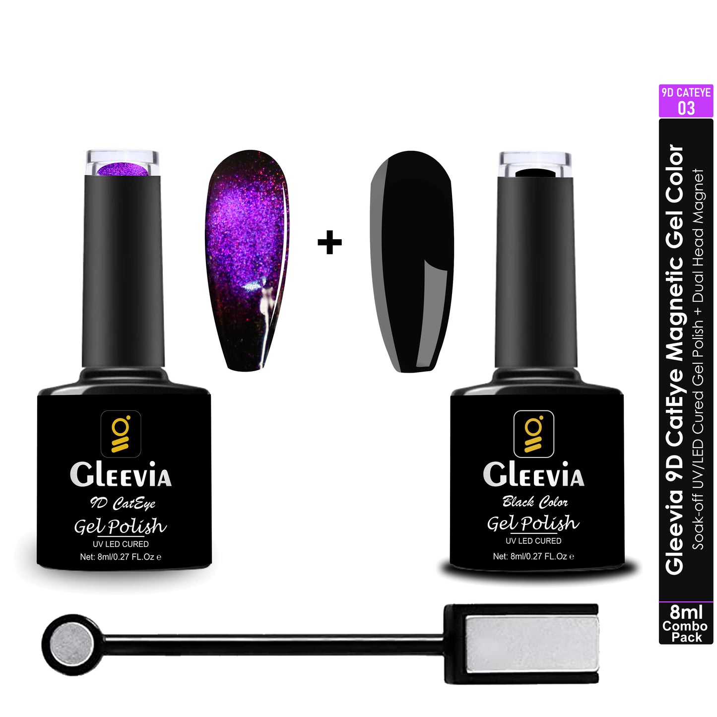 9D CatEye UV Gel Polish | Magnetic 9D Gel for Professionals | Combo Pack of 9D Cateye, Dual Head Magnet and UV Gel Black Color 8ml/each