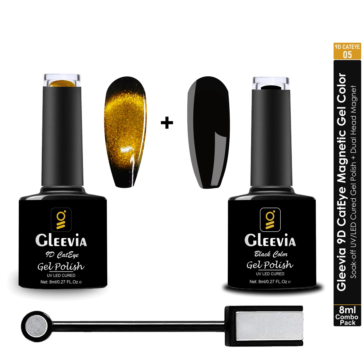 9D CatEye UV Gel Polish | Magnetic 9D Gel for Professionals | Combo Pack of 9D Cateye, Dual Head Magnet and UV Gel Black Color 8ml/each