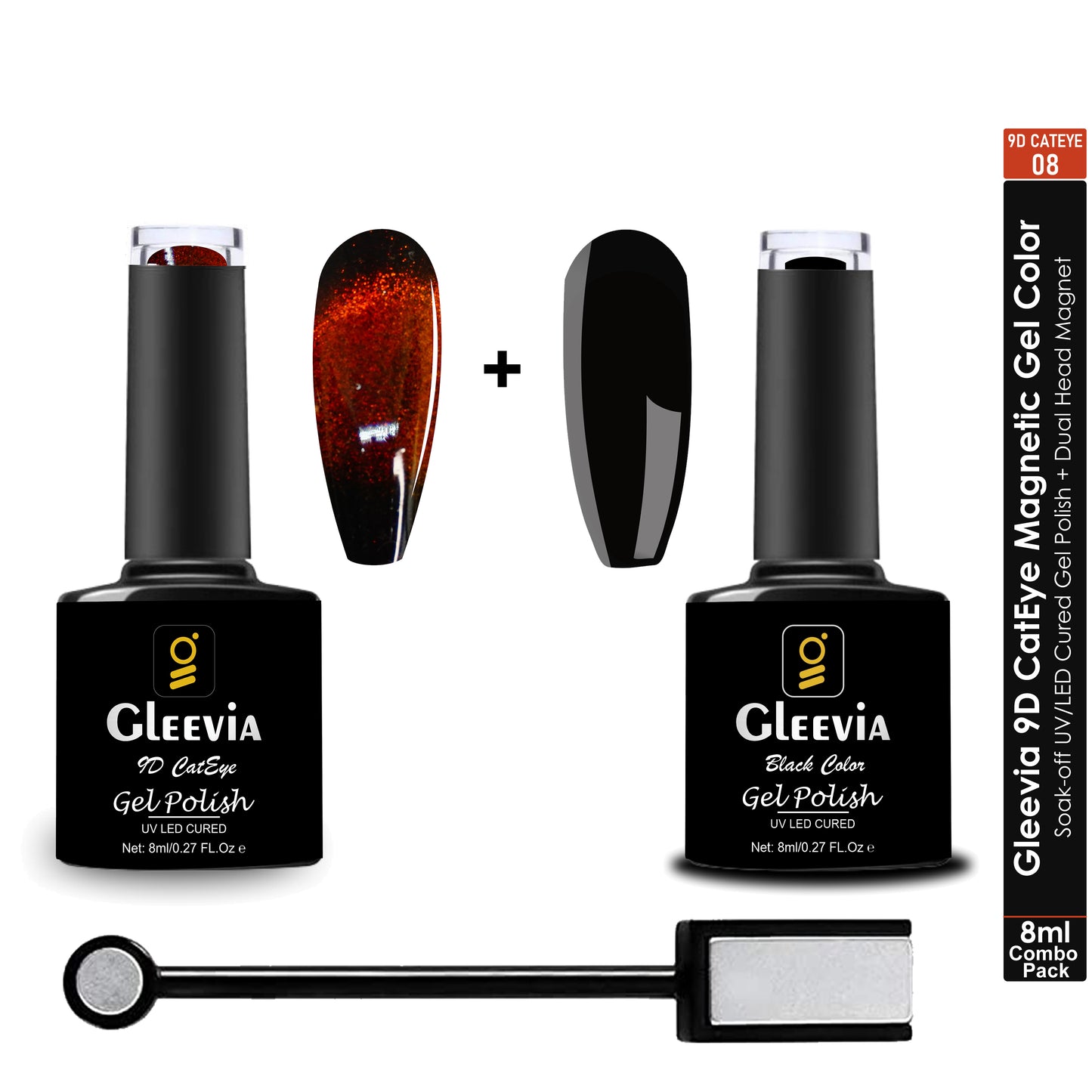 9D CatEye UV Gel Polish | Magnetic 9D Gel for Professionals | Combo Pack of 9D Cateye, Dual Head Magnet and UV Gel Black Color 8ml/each