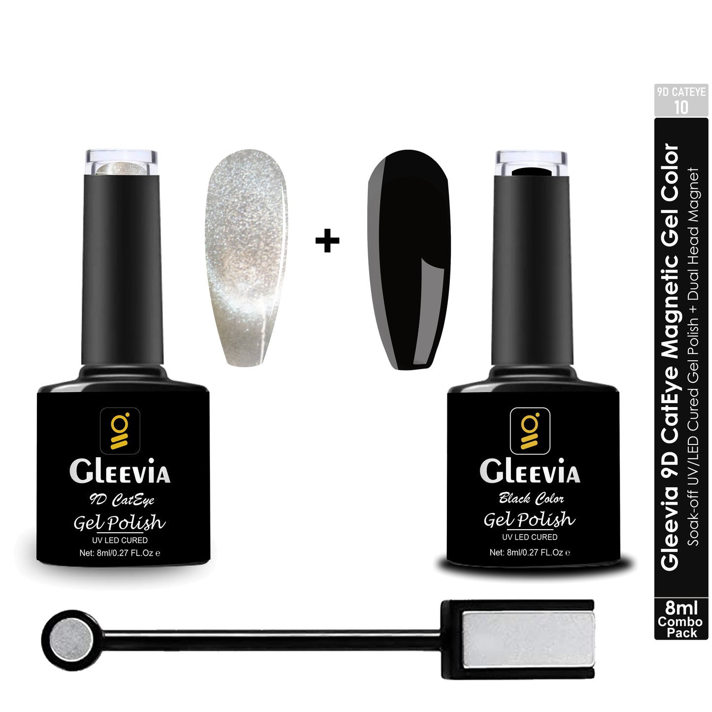 9D CatEye UV Gel Polish | Magnetic 9D Gel for Professionals | Combo Pack of 9D Cateye, Dual Head Magnet and UV Gel Black Color 8ml/each