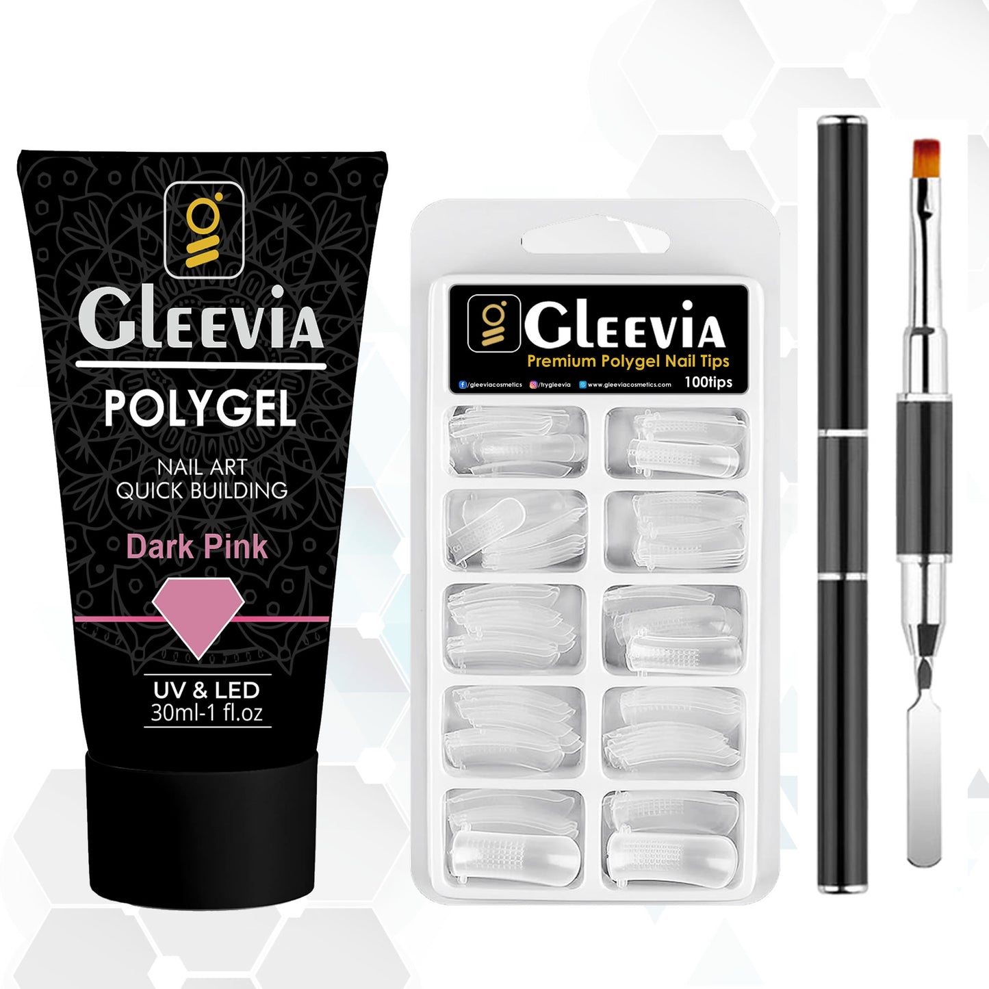 Gleevia PolyGel Nail Art Quick Building 30ml Pack - Quick Nail Extension Gel Dark Pink (Combo Pack)