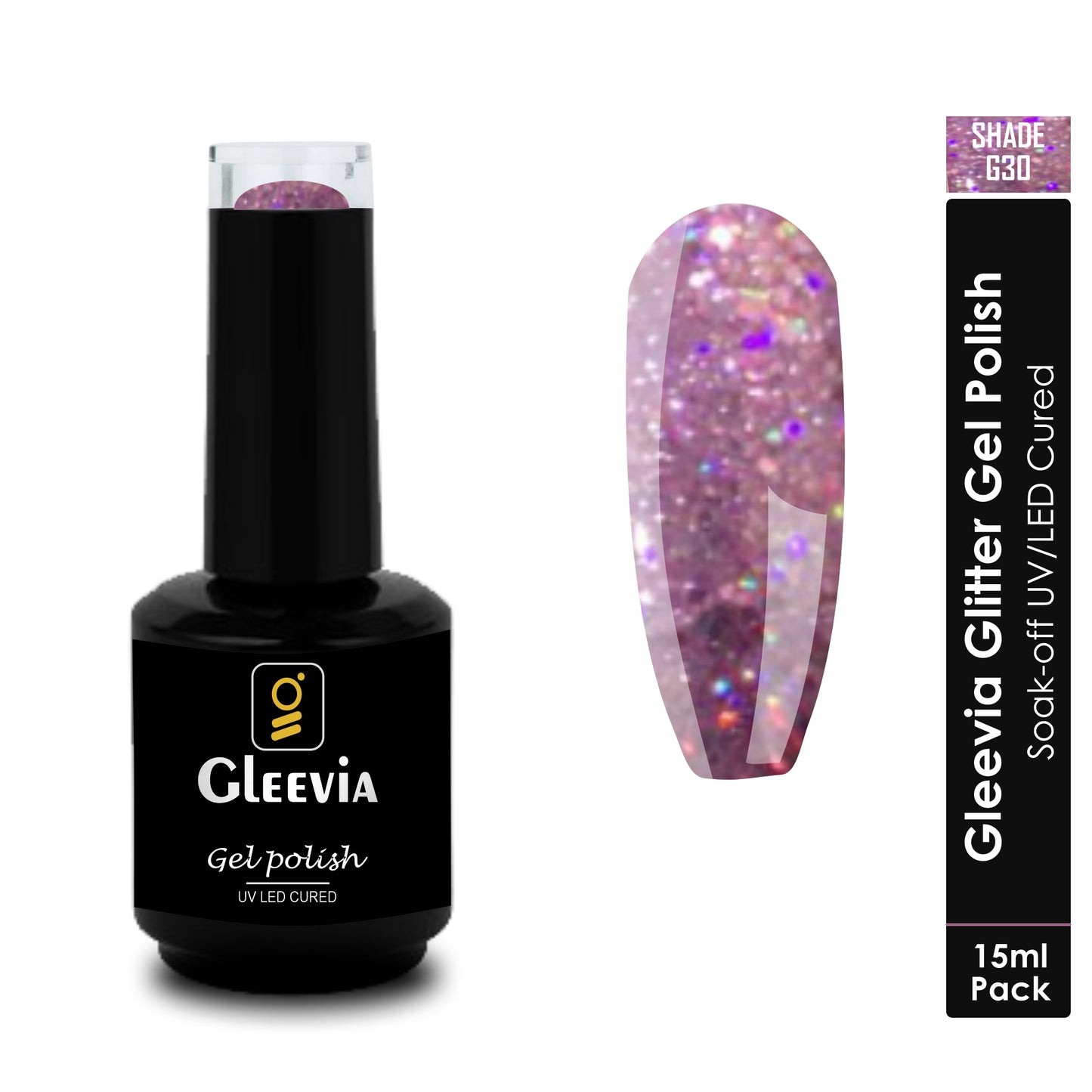 UV LED Soak-Off Glitter Gel Polish for Professionals 15ml Brush Cap G30