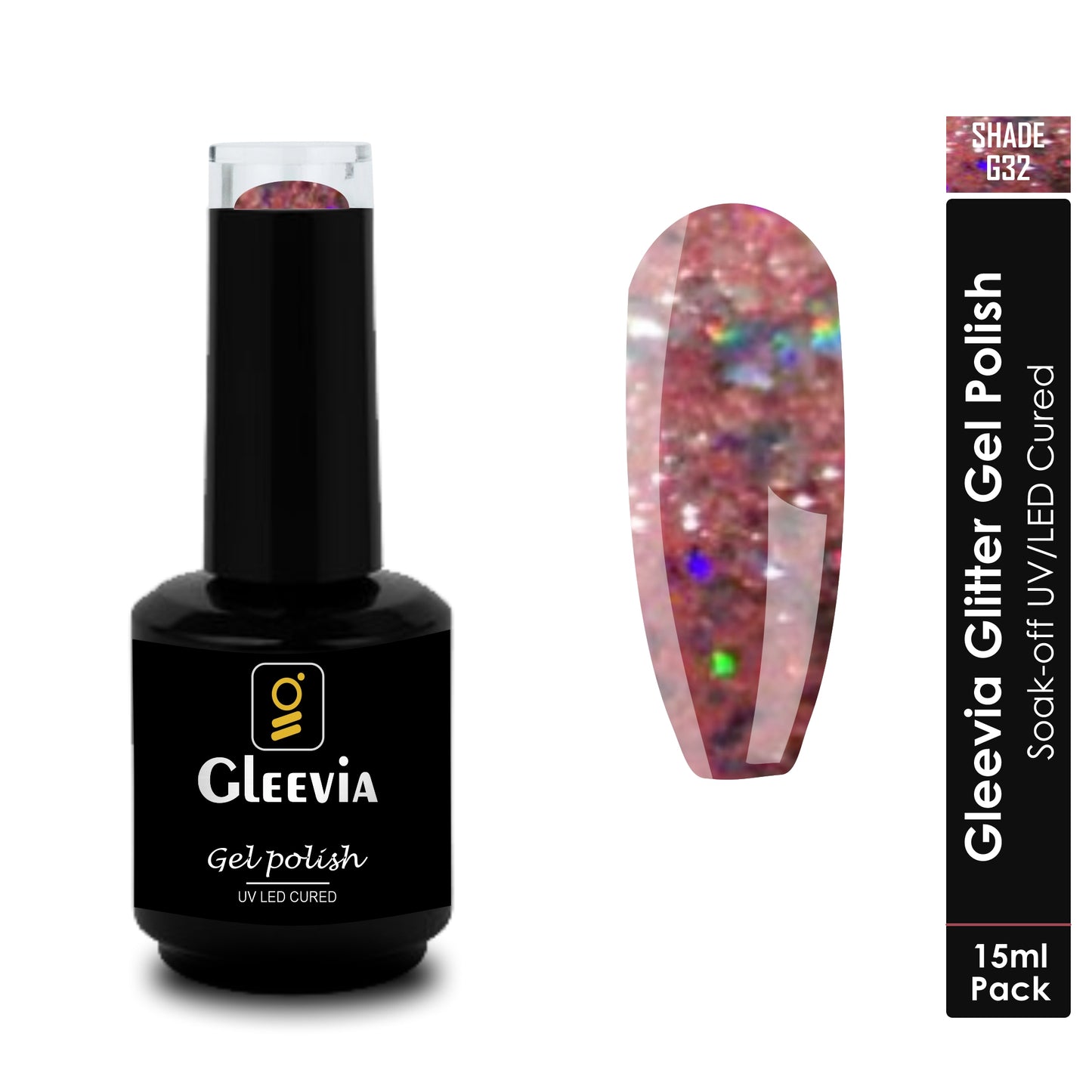 UV LED Soak-Off Glitter Gel Polish for Professionals 15ml Brush Cap G32