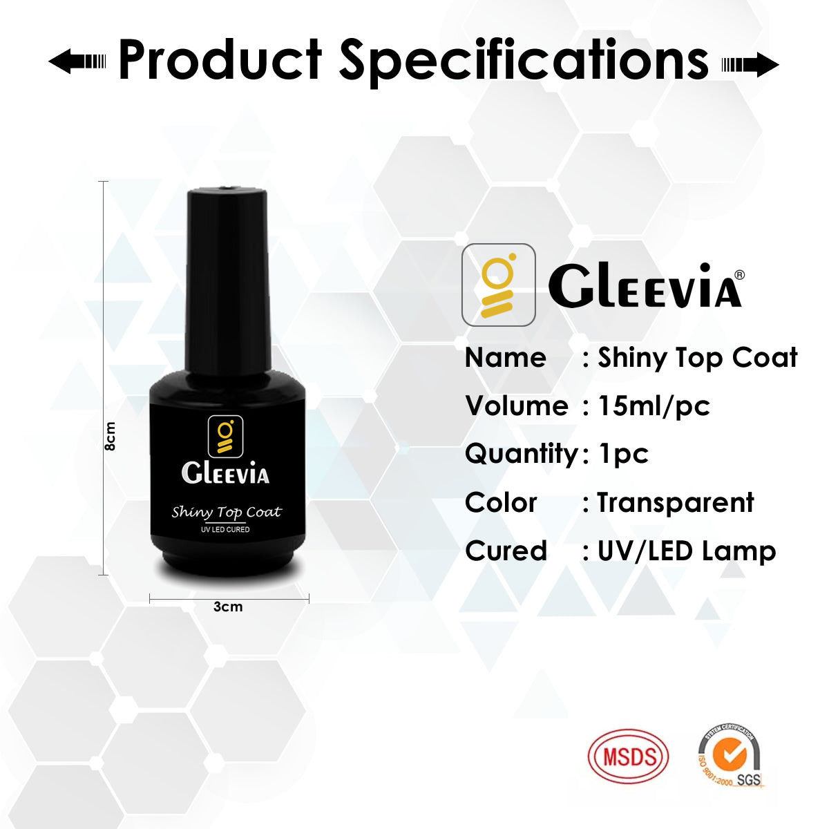 Gleevia UV/LED Shiny Top Coat 15ml Brush Cap Bottle Clear