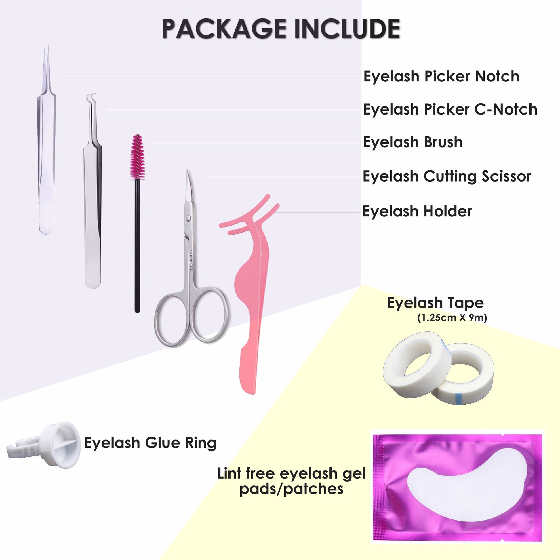 Eyelashes Accessories | Combo Pack of Eyelash Picker, Eyelash Brush, Scissor, Holder, Ring, Tape and Eyelash Gel Patches