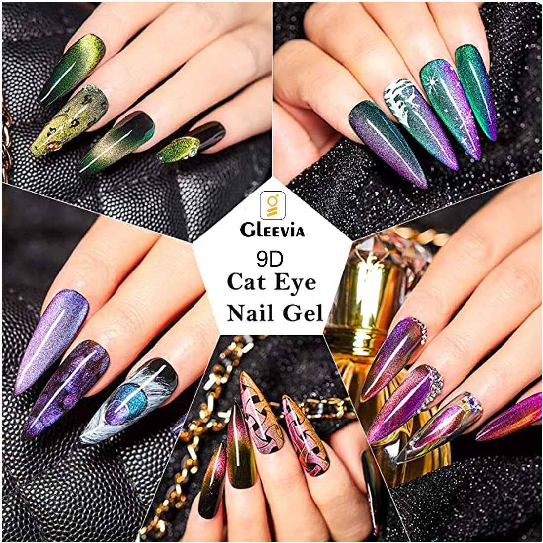 9D CatEye UV Gel Polish | Magnetic 9D Gel Nail Polish for Professionals 10pc Combo Pack 15ml/each with Dual Head Magnet and Black Color UV Gel Polish 15ml