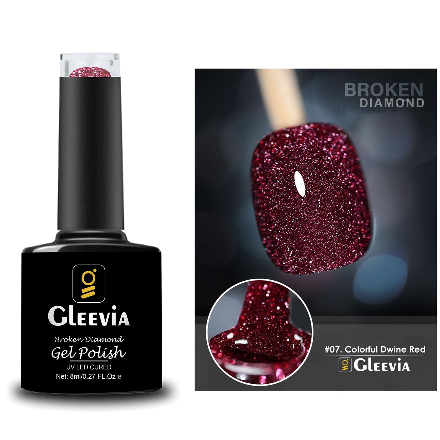 Reflective Glitter Color Flashing Gel Polish UV/LED Lamp Cure | Broken Diamond - Colorful Dwine Red