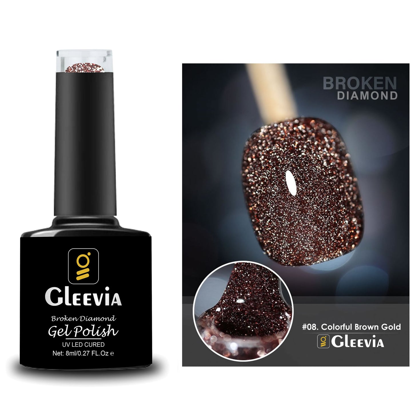 Reflective Glitter Color Flashing Gel Polish UV/LED Lamp Cure | Broken Diamond - Colorful Brown Gold