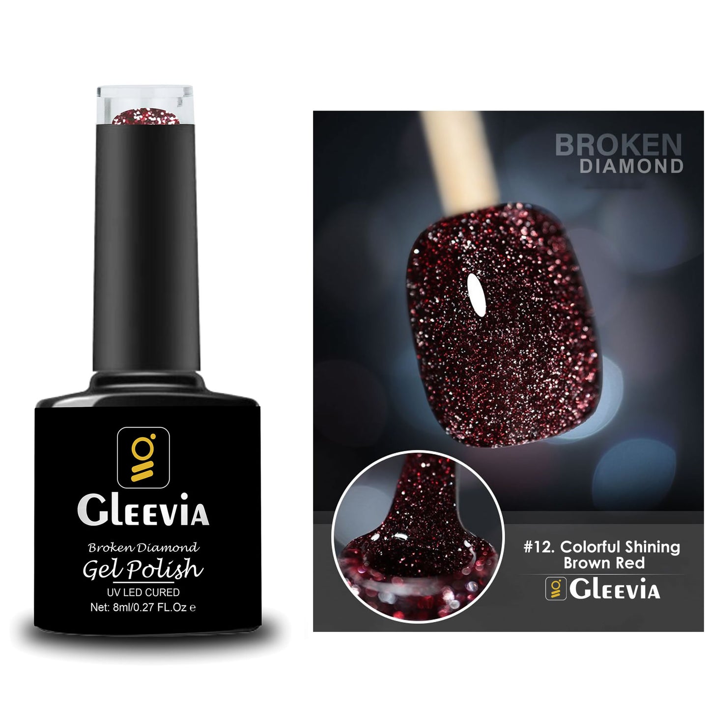 Reflective Glitter Color Flashing Gel Polish UV/LED Lamp Cure | Broken Diamond - Colorful Shining Brown Red