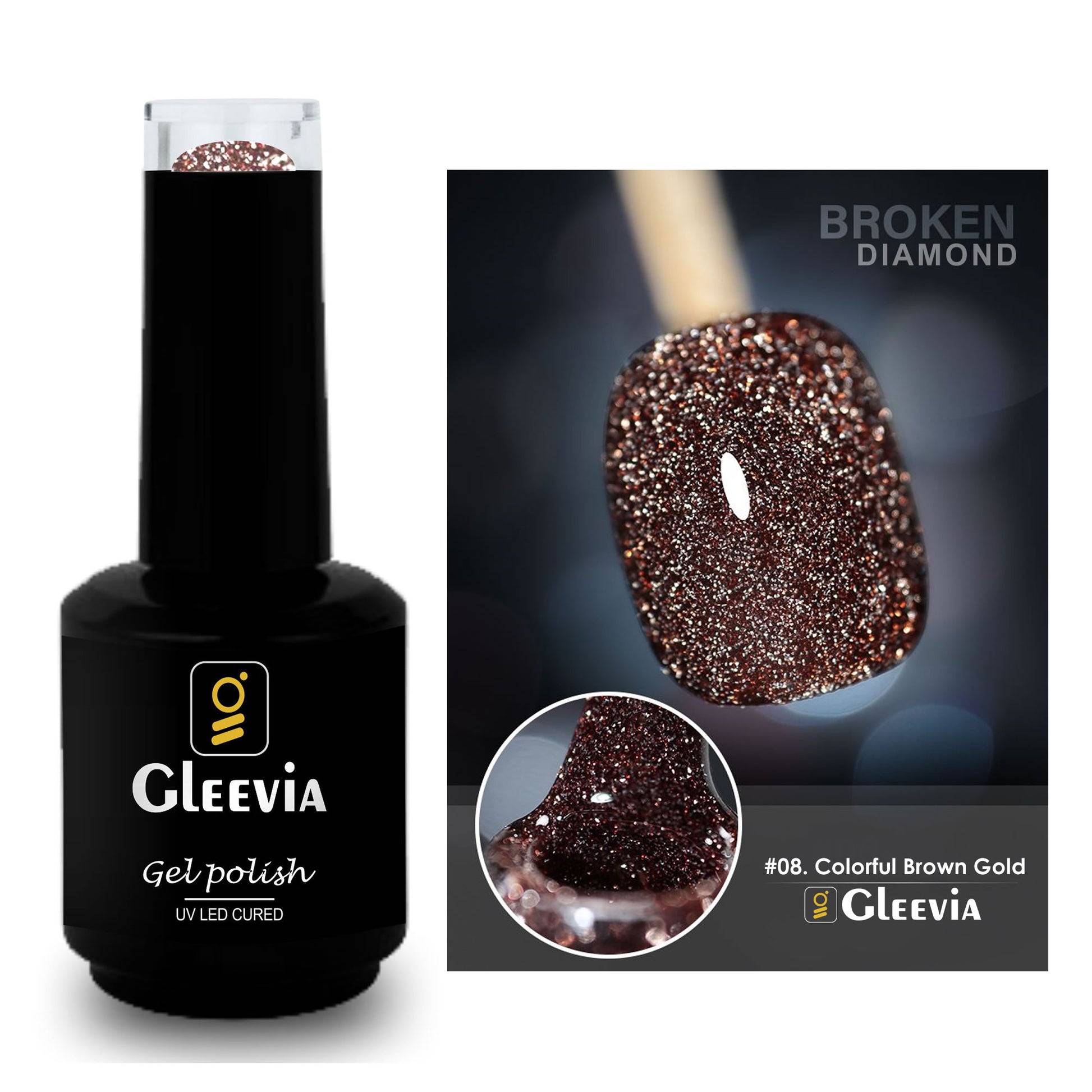 Reflective Glitter Color Flashing Gel Polish UV/LED Lamp Cure | Broken Diamond - Colorful Brown Gold