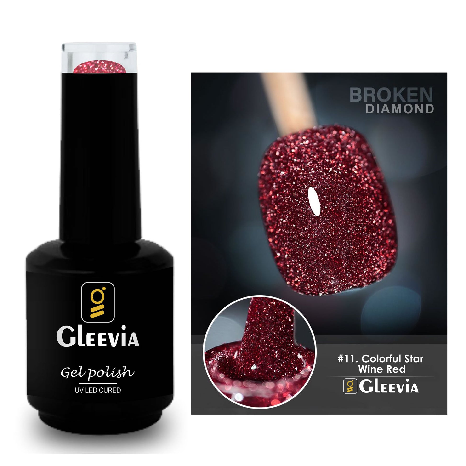 Reflective Glitter Color Flashing Gel Polish UV/LED Lamp Cure | Broken Diamond - Colorful Star Wine Red