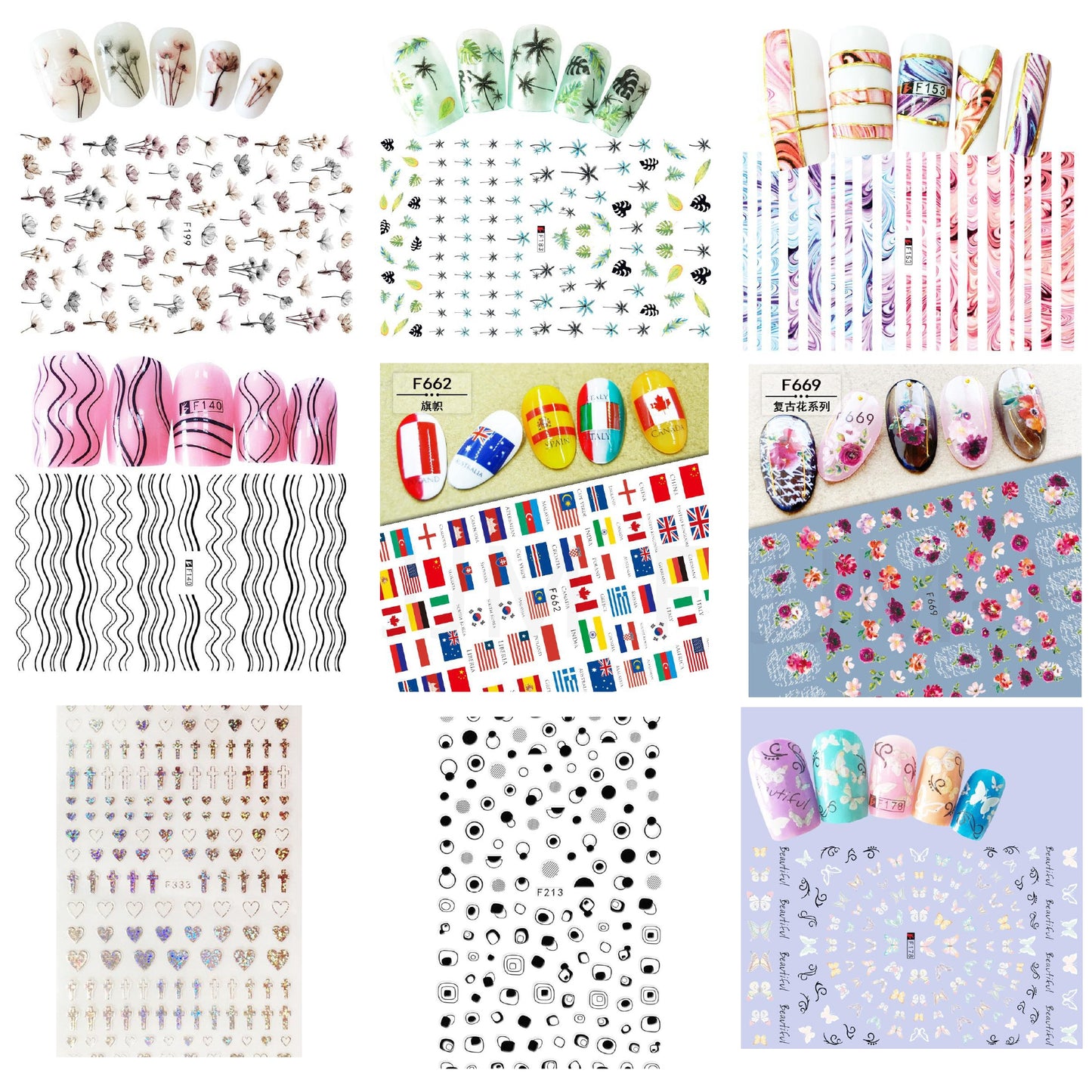 Gleevia 9 Sheets Nail Stickers Self Adhesive DIY Mixed Designs Nail Art Sticker For Beauty Nail Tools S3