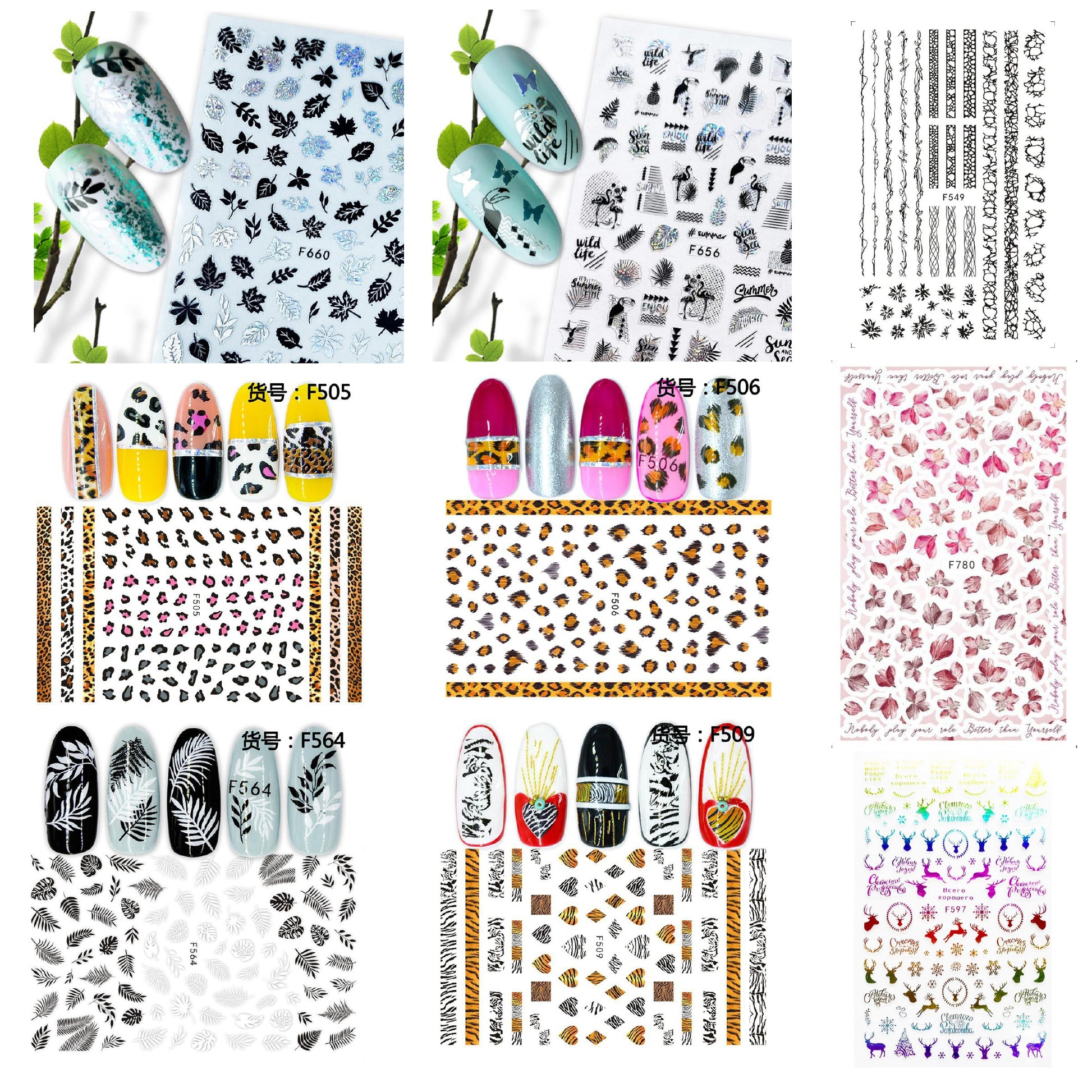 Gleevia 9 Sheets Nail Stickers Self Adhesive DIY Mixed Designs Nail Art Sticker For Beauty Nail Tools S5